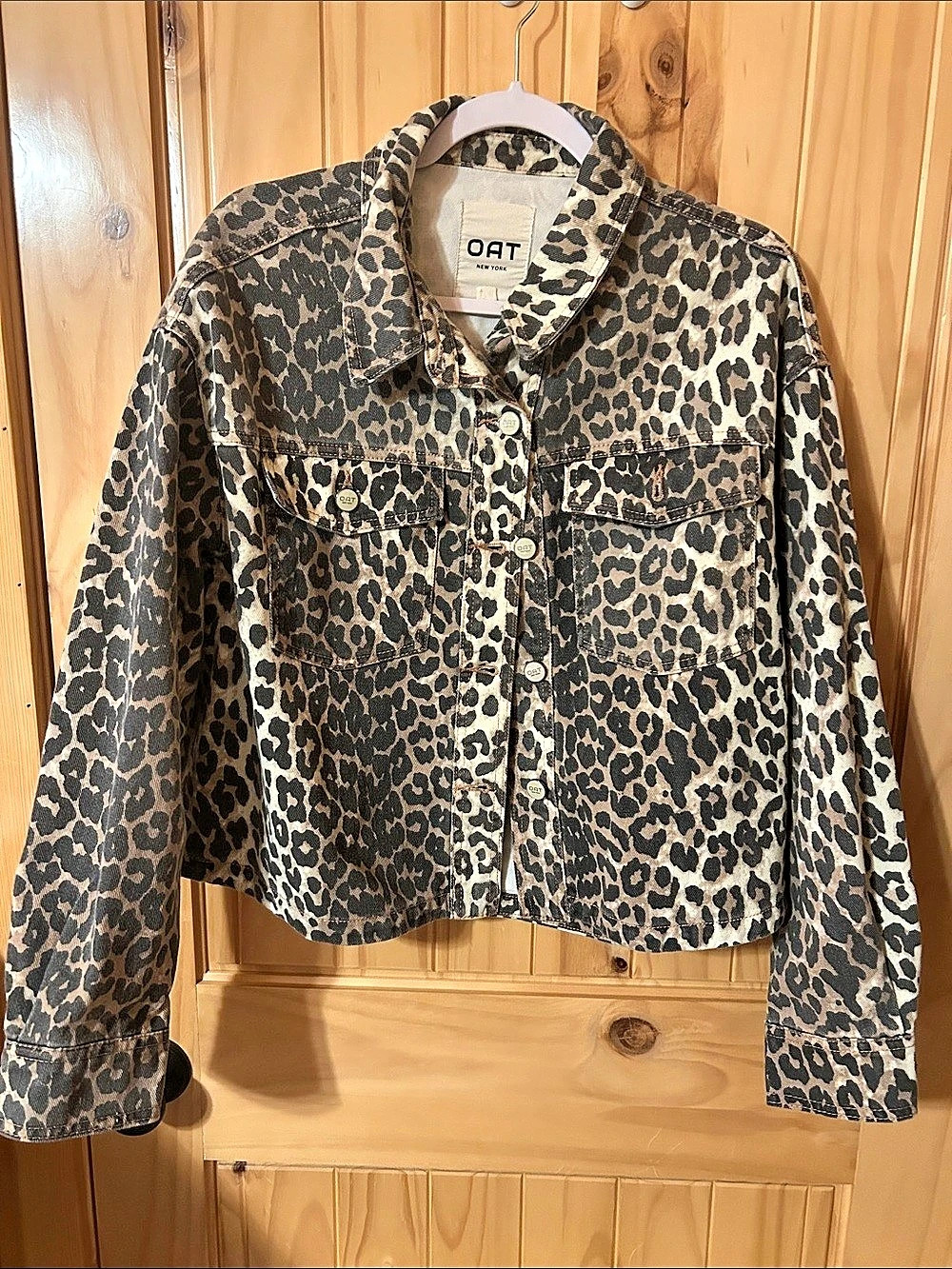 OAT New York Leopard Print Button-Front Denim Jacket Denim Jacket Medium